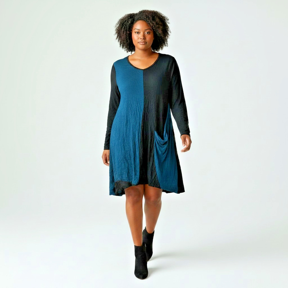 Comfy USA Black Turquoise Color Block Tunic Dress 2X Lagenlook Geometric Mod Top